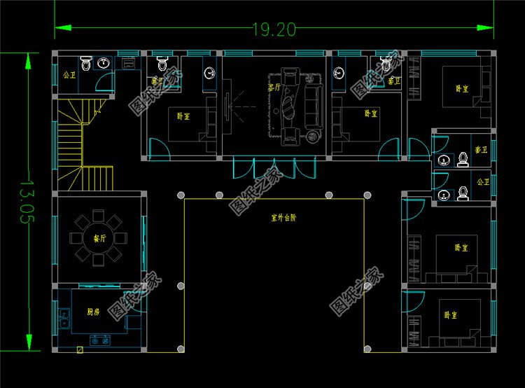 簡約農(nóng)村中式四合院別墅二層設計圖一層