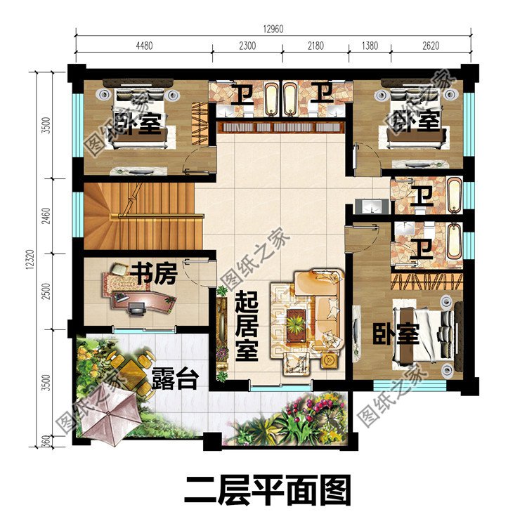 農(nóng)村三間兩層樓房設(shè)計(jì)圖二層