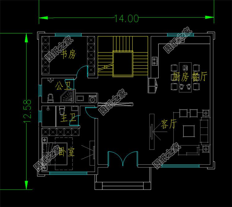 14x12.5米二層農(nóng)村別墅設(shè)計圖一層