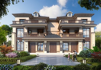 大氣新中式三層雙拼別墅設(shè)計(jì)圖及外觀(guān)，總面寬20米多