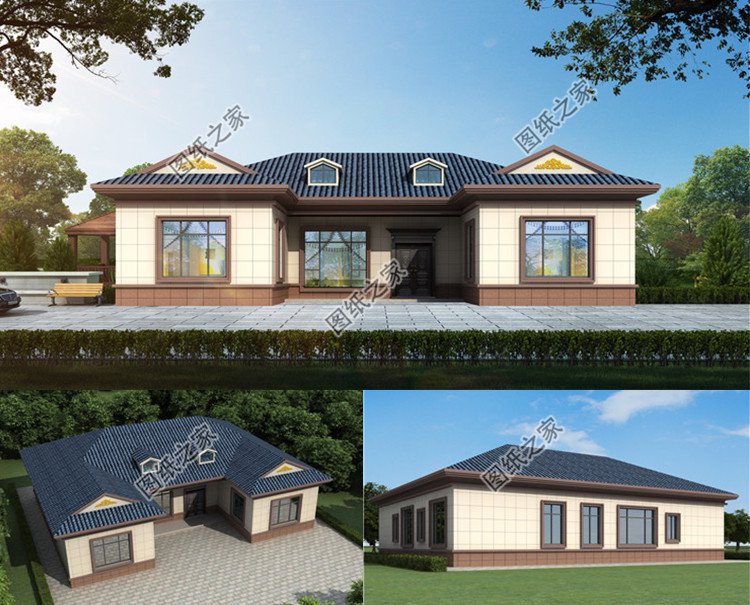 農(nóng)村一層中式三合院別墅設(shè)計圖效果圖