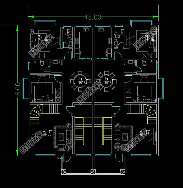 帶雙露臺(tái)帶車庫(kù)雙拼別墅設(shè)計(jì)圖二層