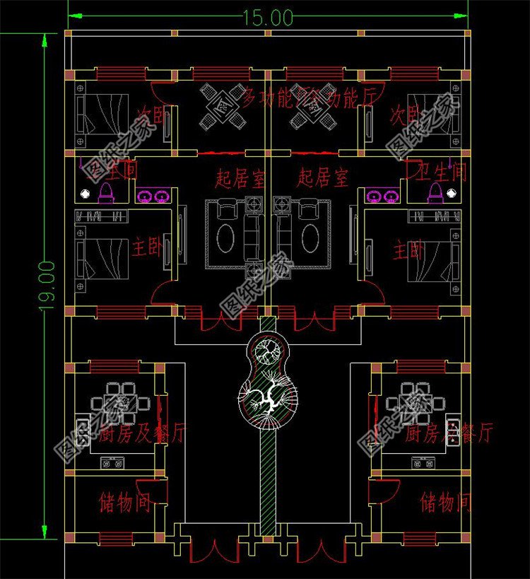 新農(nóng)村一層雙拼小別墅設(shè)計(jì)圖一層