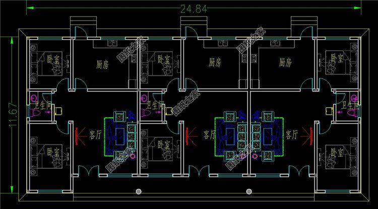 小戶型三戶聯(lián)排別墅房屋設計圖一層