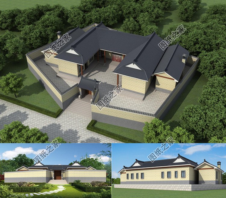 合院風(fēng)格雙拼別墅設(shè)計(jì)圖效果圖