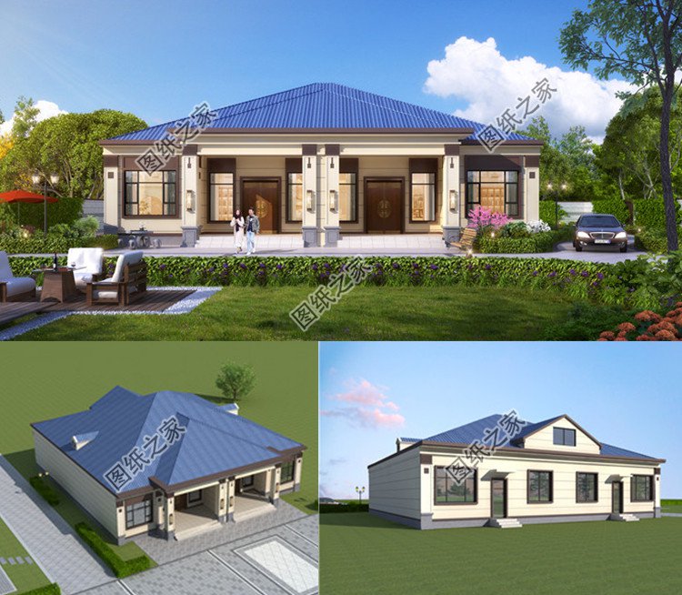 農村一層雙拼別墅設計方案效果圖