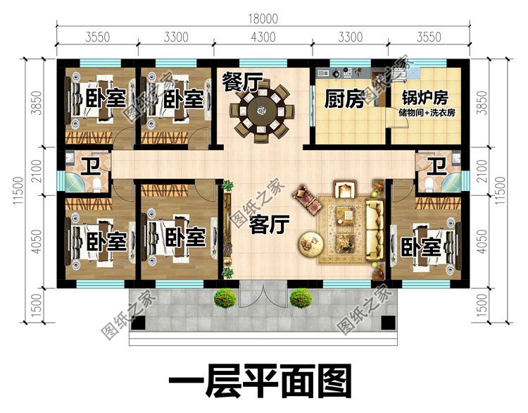 五開(kāi)間一層農(nóng)村平房設(shè)計(jì)圖一層