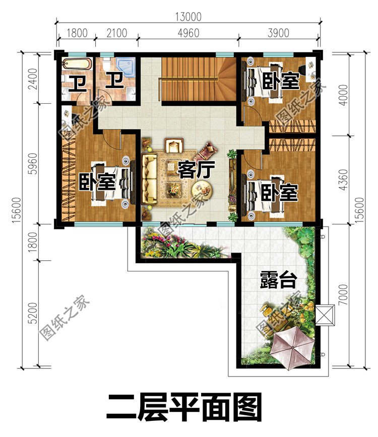“L”字形二層別墅設(shè)計(jì)圖二層