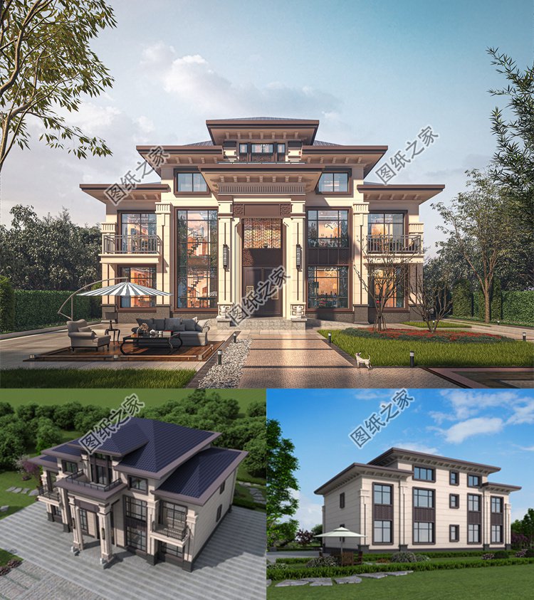 新中式三層農(nóng)村別墅效果圖