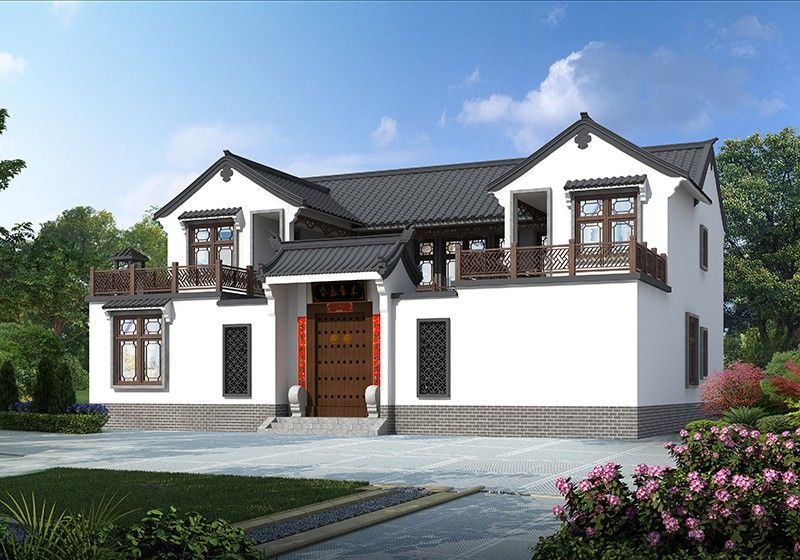 中式四合院農(nóng)村自建房設(shè)計圖，白墻黛瓦，四水歸堂