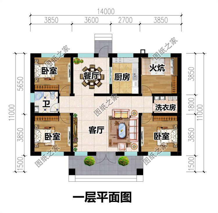 14x11米一層平房戶型2