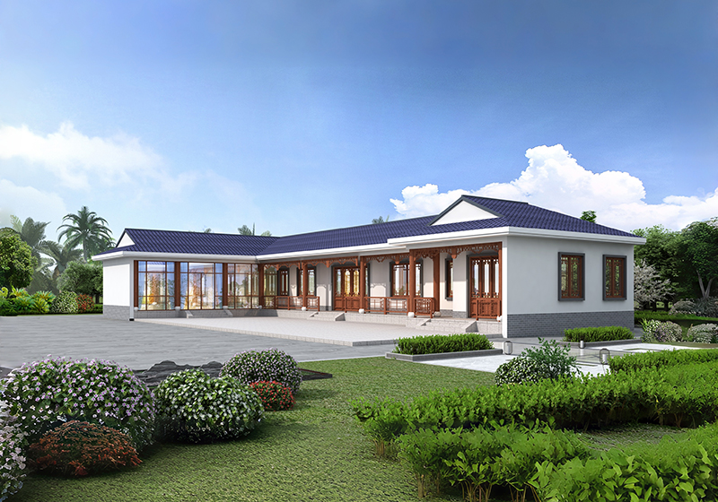 七字型設(shè)計新中式一層別墅設(shè)計圖，類合院風(fēng)格